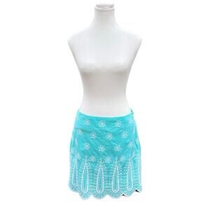 Aqua Embroidered Mini Skirt‎ Floral Eyelet Scalloped Hem Summer Spring Cute